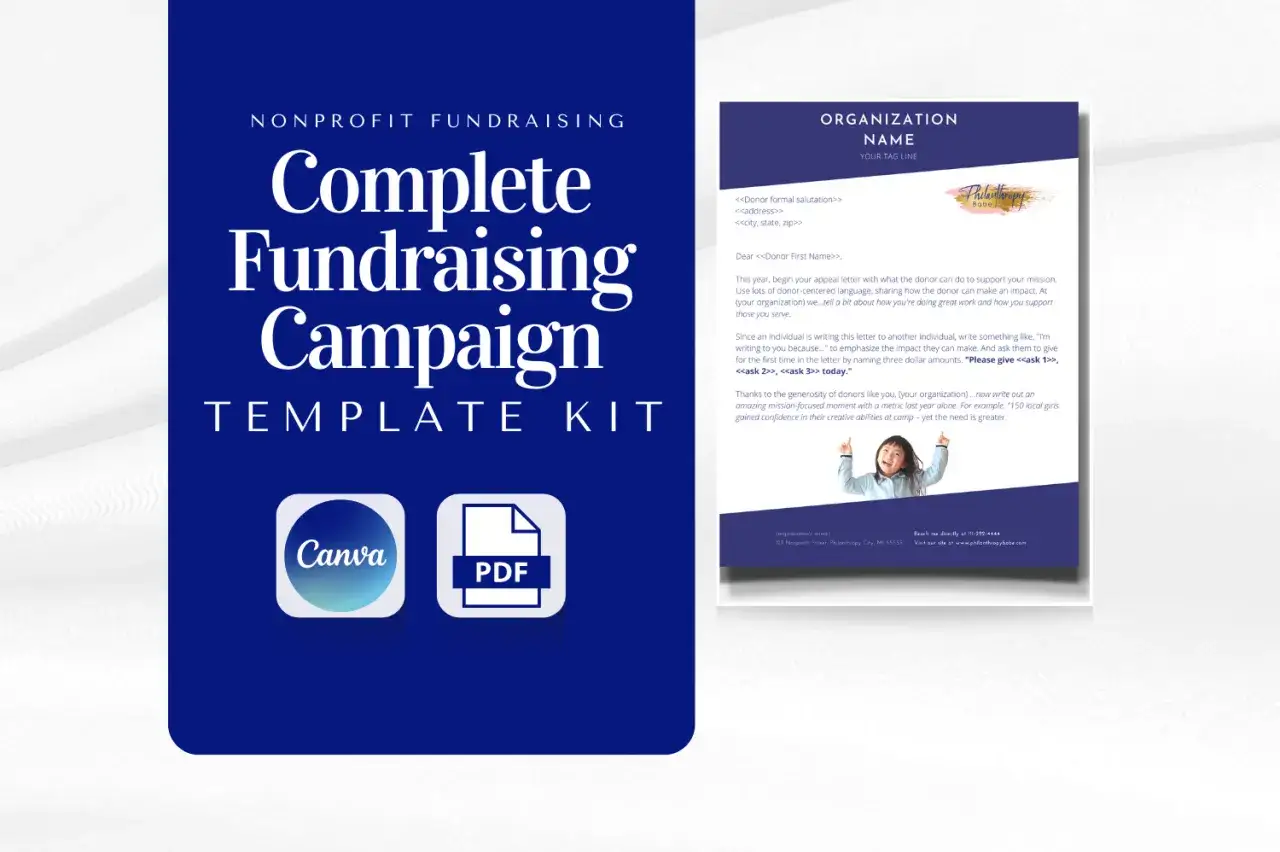 Complete Fundraising Campaign Template Kit with Canva and PDF icons. This kit offers fundraising graphics and letter templates to help nonprofits connect with donors.