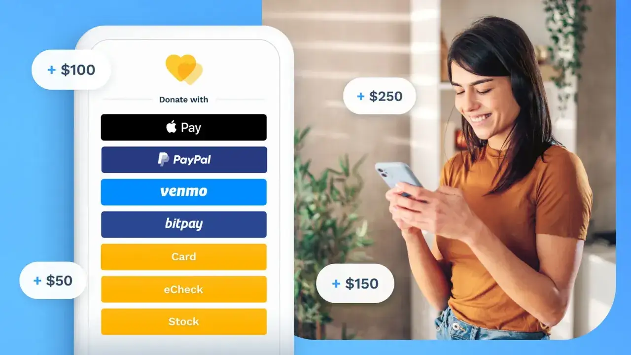 A woman smiles while looking at her phone, which displays donation options like Apple Pay and PayPal. This image highlights how easy it is to donate, with options to cover stripe nonprofit fees.