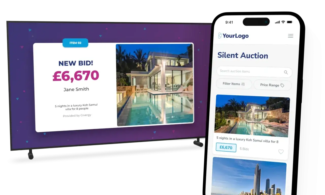 A TV screen and phone display silent auction online platforms, showing a luxury villa bid of £6,670.