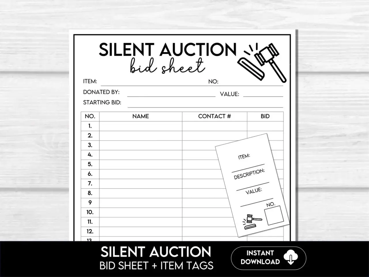 A silent auction bid sheet with fields for item, donor, starting bid, and bidder information. Includes a small item tag graphic.