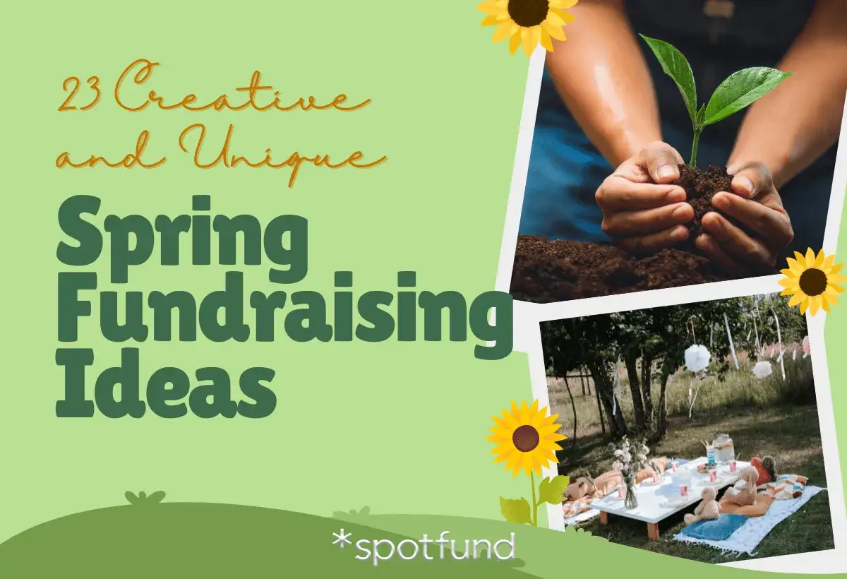 23 creative and unique spring fundraising ideas, featuring hands planting a seedling and a picnic setup.