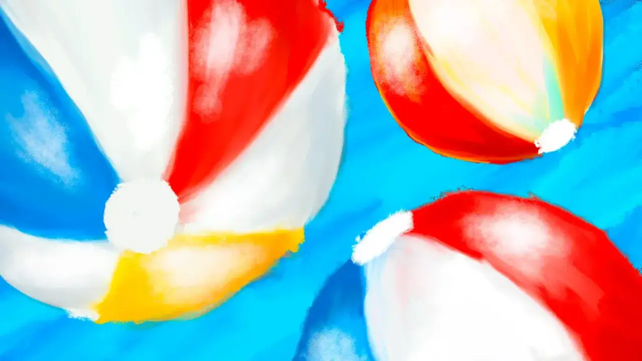 Colorful beach balls float in bright blue water, evoking a fun summer fundraiser atmosphere.