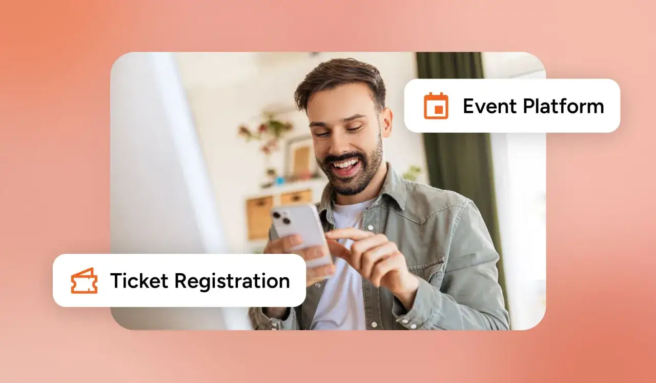 Man smiling while using phone for event registration for non profits.