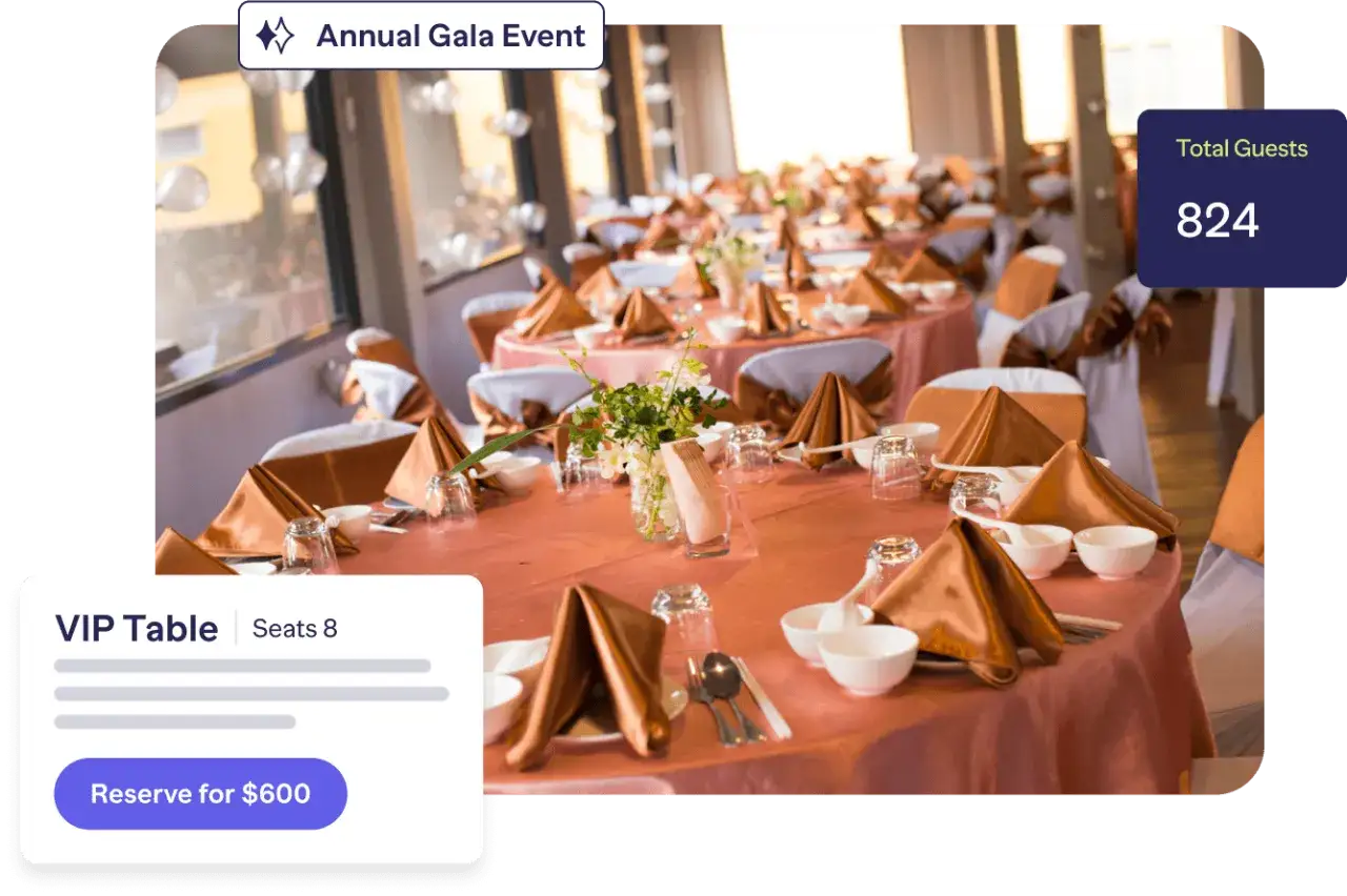 Annual Gala Event: Reserve your VIP table for 8 at $600 for this fundraiser event. Total guests: 824.
