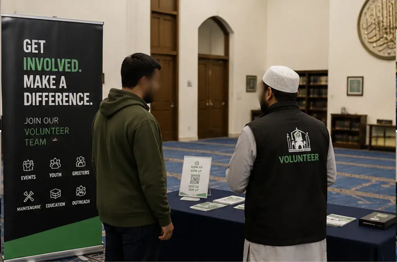 community mosque donation drive with volunteers, QR code posters, and a fundraising table