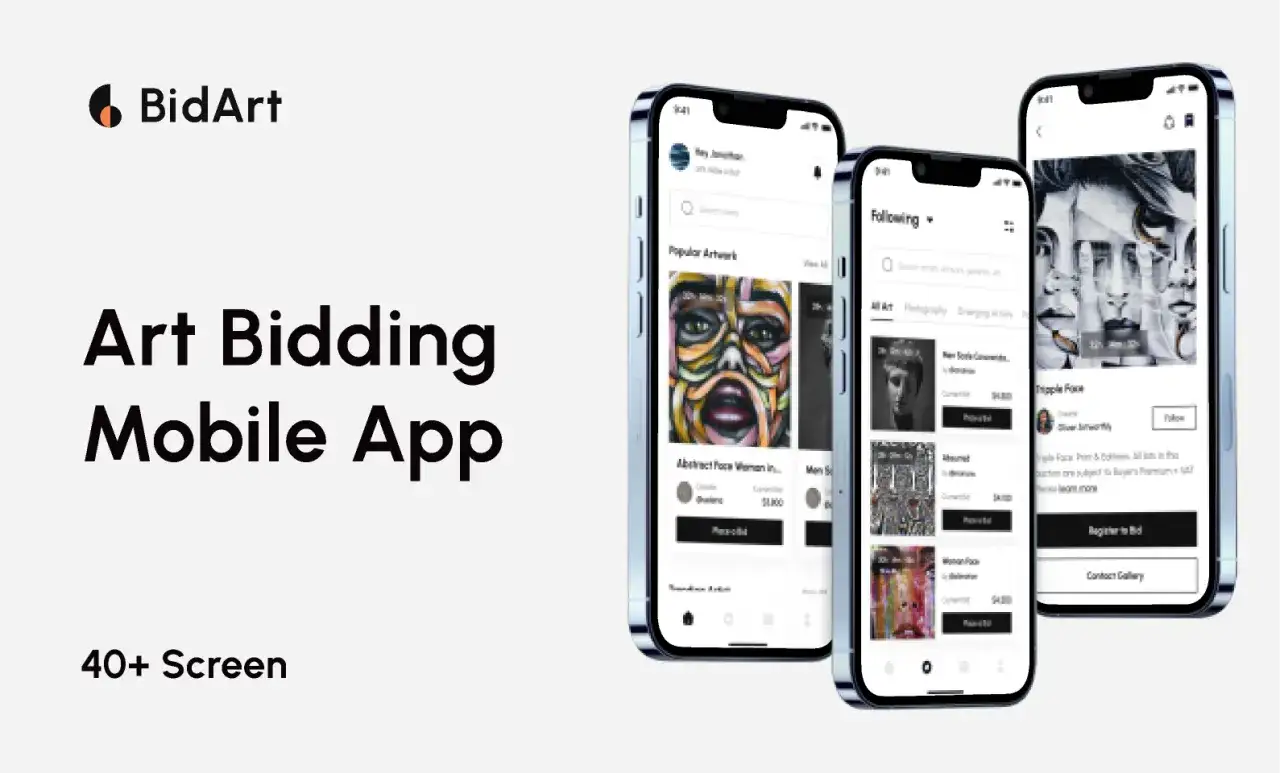 BidArt mobile app screens showing art listings and bidding options, demonstrating how to run a silent auction online.