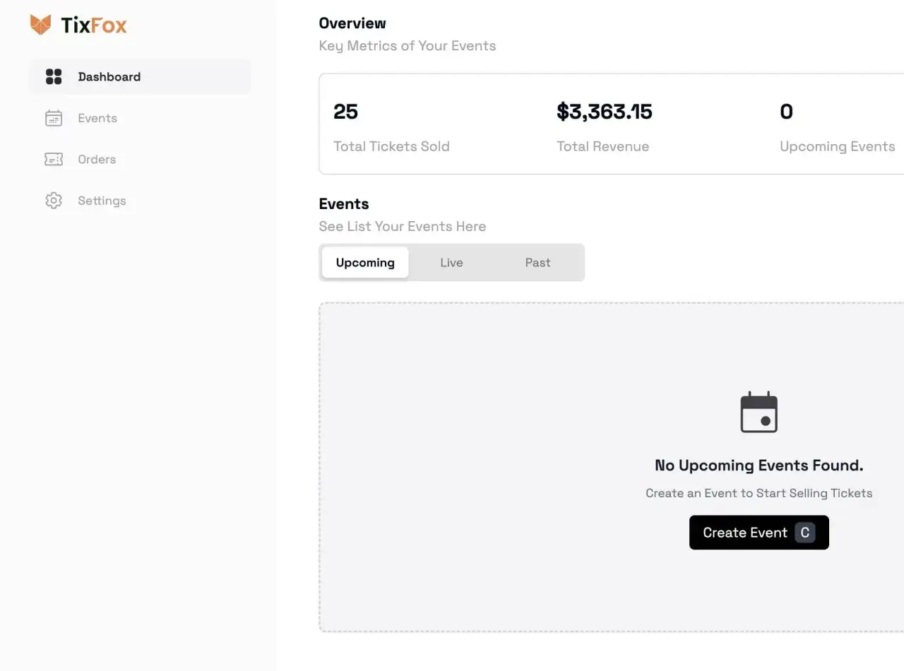 Dashboard for free online ticket sales for nonprofits. Shows 25 tickets sold, $3,363.15 revenue, and no upcoming events.