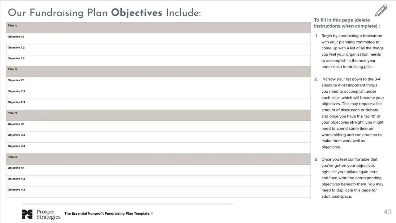 A fundraising plan template with sections for pillars and objectives, guiding users to define their goals.
