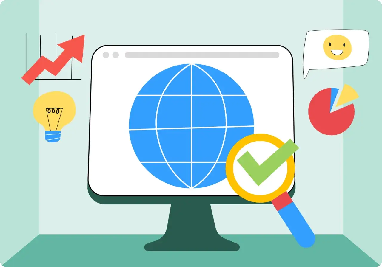 A computer screen displays a globe, with a magnifying glass and checkmark. Icons for growth, ideas, and data suggest a successful strategy, perhaps for a moz nonprofit discount.