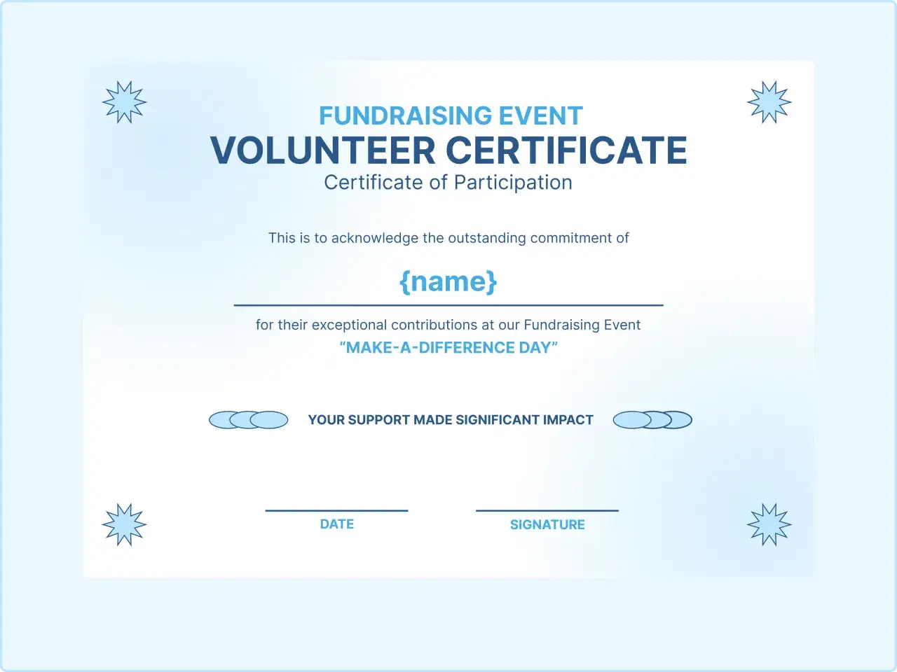 Volunteer Certificate of Participation for a fundraising event, acknowledging outstanding commitment. This could be part of online volunteering opportunities with certificate.