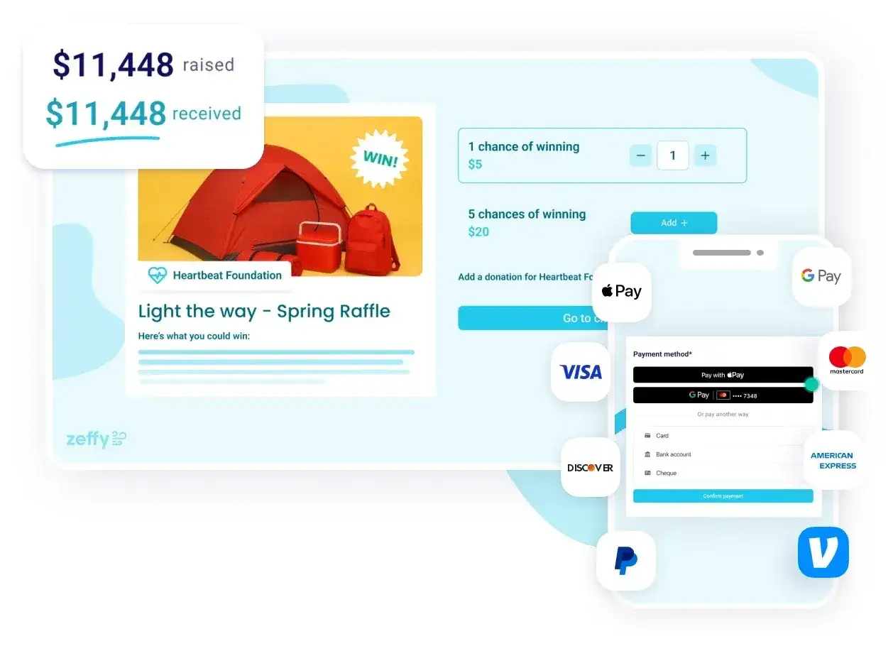 Learn how to do a raffle online with Zeffy's platform, showing a spring raffle for the Heartbeat Foundation with camping gear as a prize and various payment options.