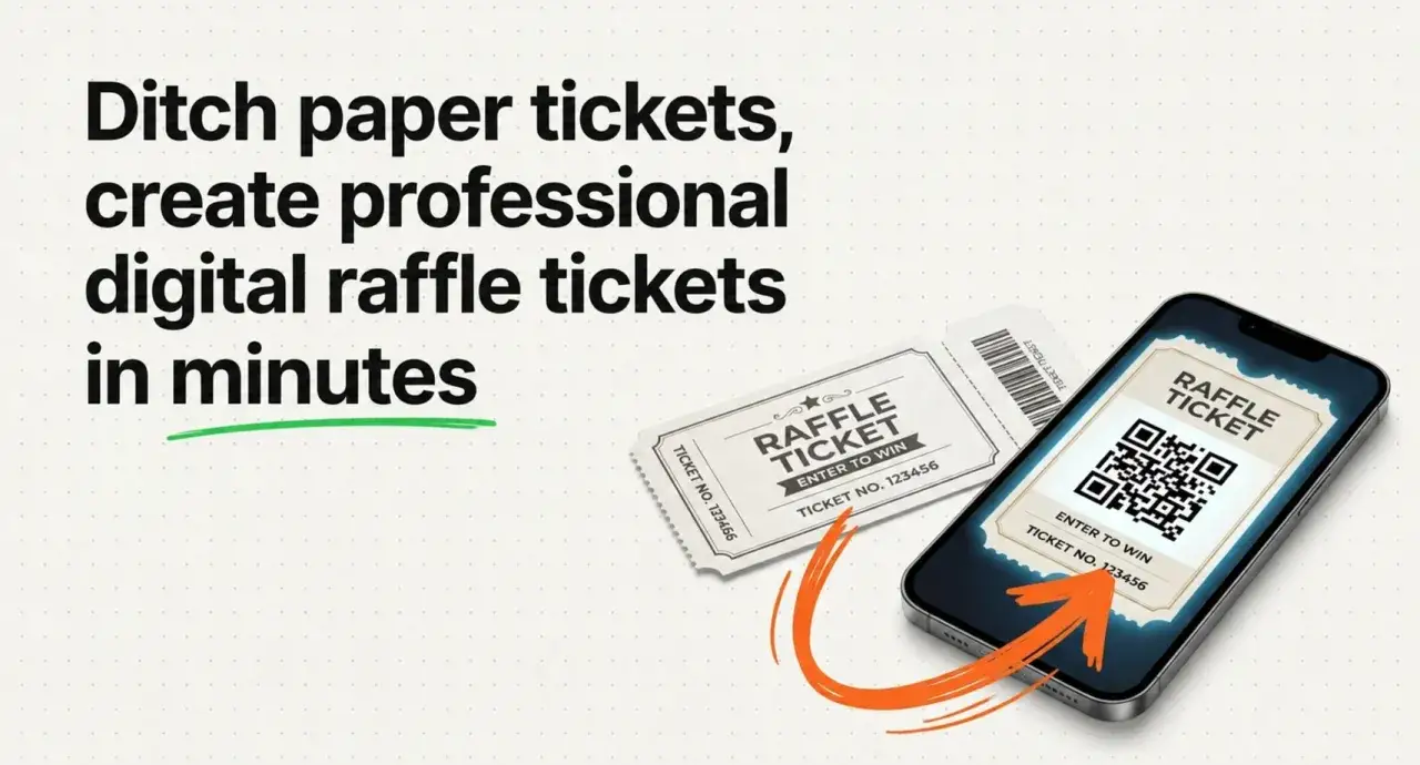 Create professional digital raffle tickets in minutes with this raffle app. A phone displays a digital ticket with a QR code, next to a paper ticket.