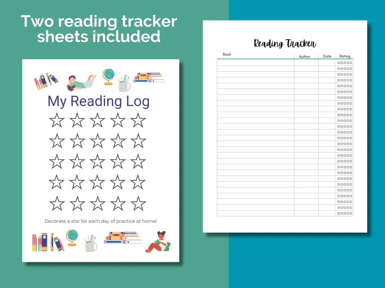 Two reading tracker sheets, one with stars to fill and another with columns for book, author, date, and rating, perfect for a read-a-thon fundraiser.