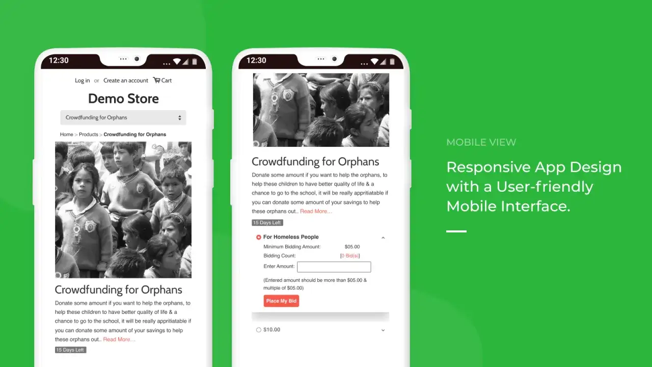 Mobile app showcasing crowdfunding ideas for individuals, with a focus on donating to orphans.