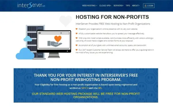 InterServer offers free website hosting for nonprofits, featuring a customizable site, one-click scripts, and unlimited resources.