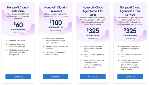 Salesforce Nonprofit Cloud pricing tiers: Enterprise ($60), Unlimited ($100), Agentforce 1 for Sales ($325), Agentforce 1 for Service ($325).