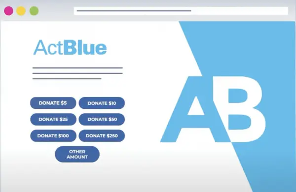ActBlue donation page with preset amounts. The percentage ActBlue takes is not shown.
